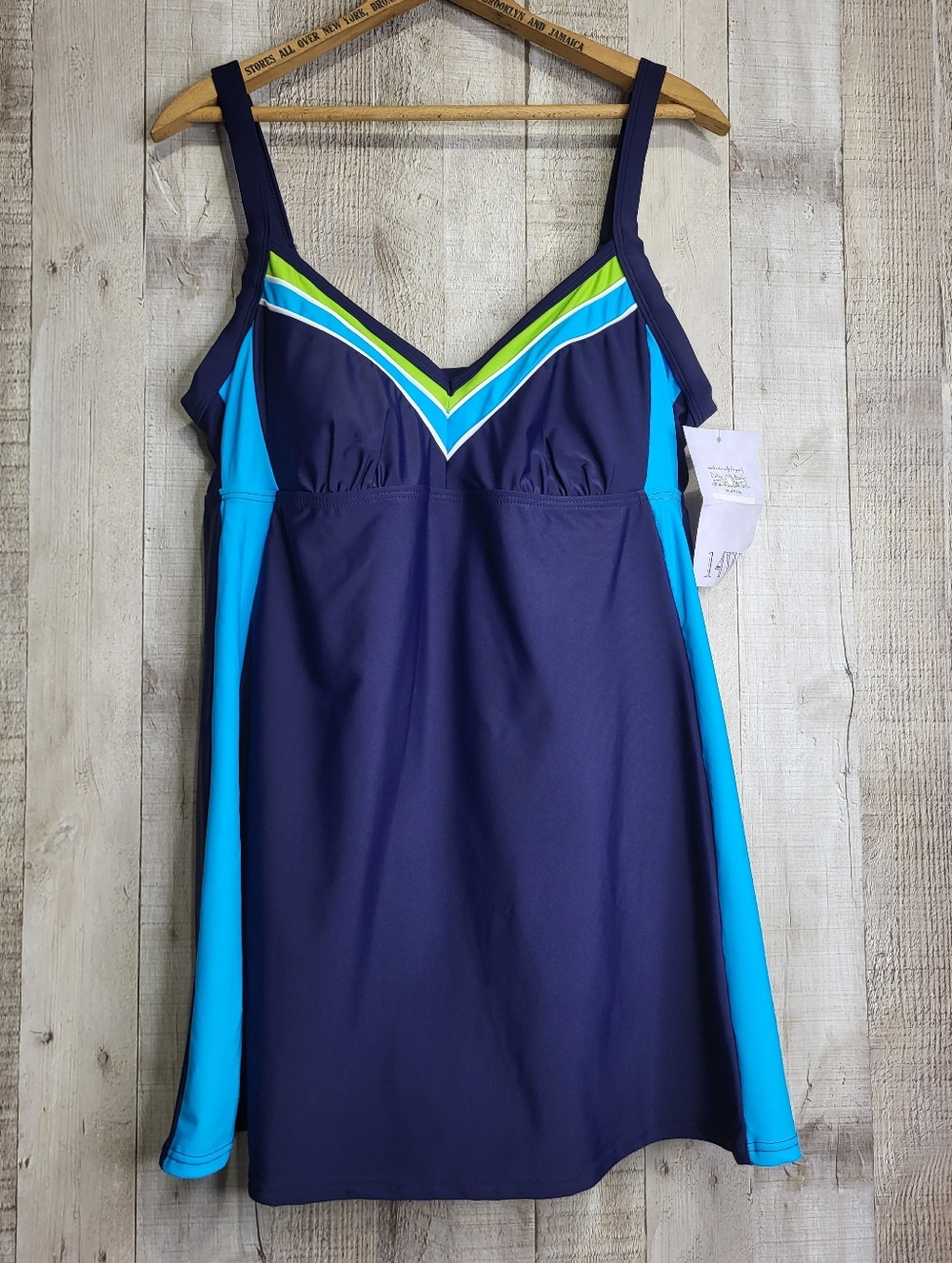 Delta Burke Navy & Aqua V-Neck Swimsuit with Lime Accents. Size 14